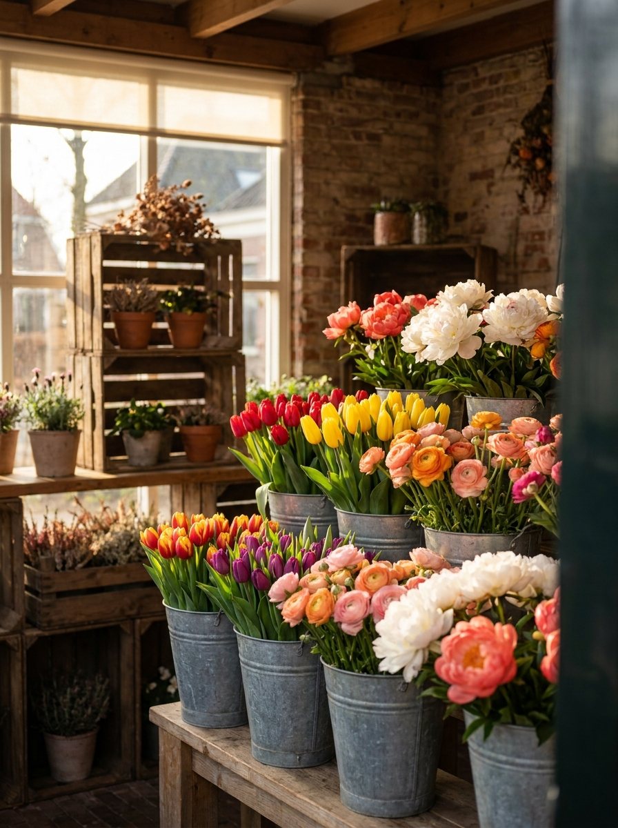 Bloemenkraam vol zinken emmers met kleurrijke tulpen, ranonkels en pioenrozen