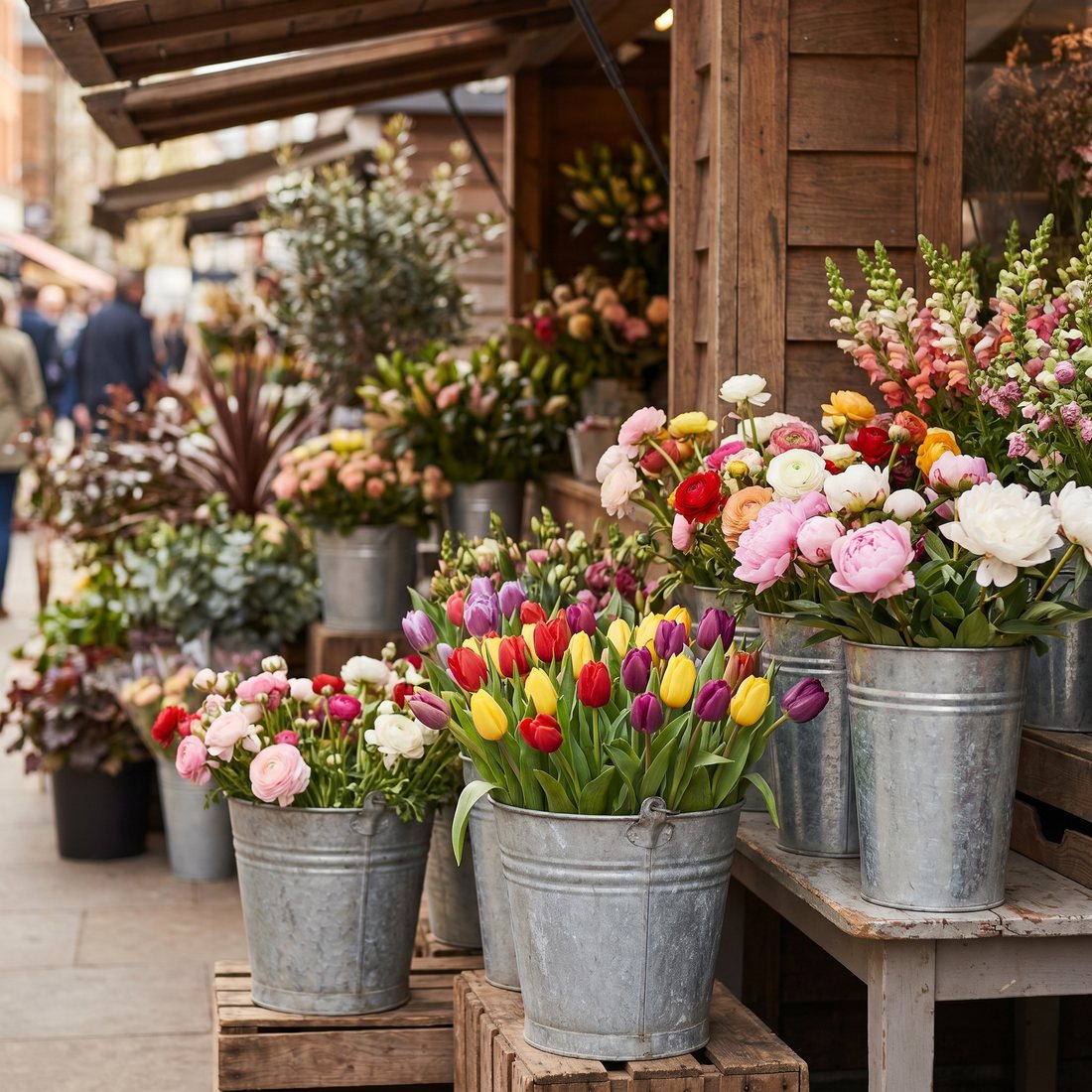 Zinken emmers vol kleurrijke tulpen en ranonkels bij de bloemenkraam